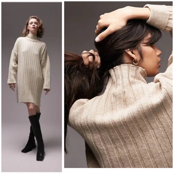 Topshop Boxy Rib Knit Funnel Neck Oversize Sweater Dress in Cream Size M EUC - Picture 2 of 10